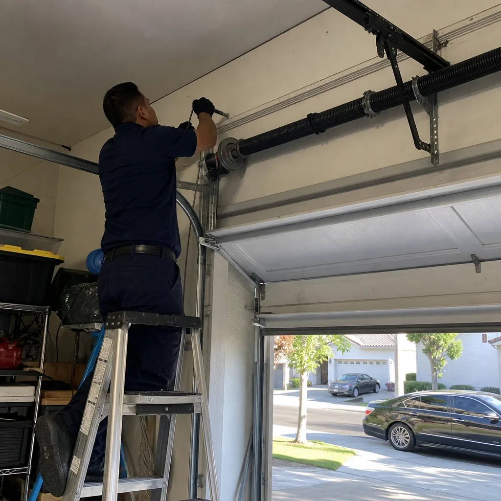 Professional technician repairing a residential garage door spring system