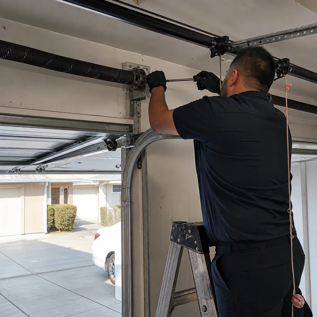 Technician performing professional garage door spring repair and maintenance