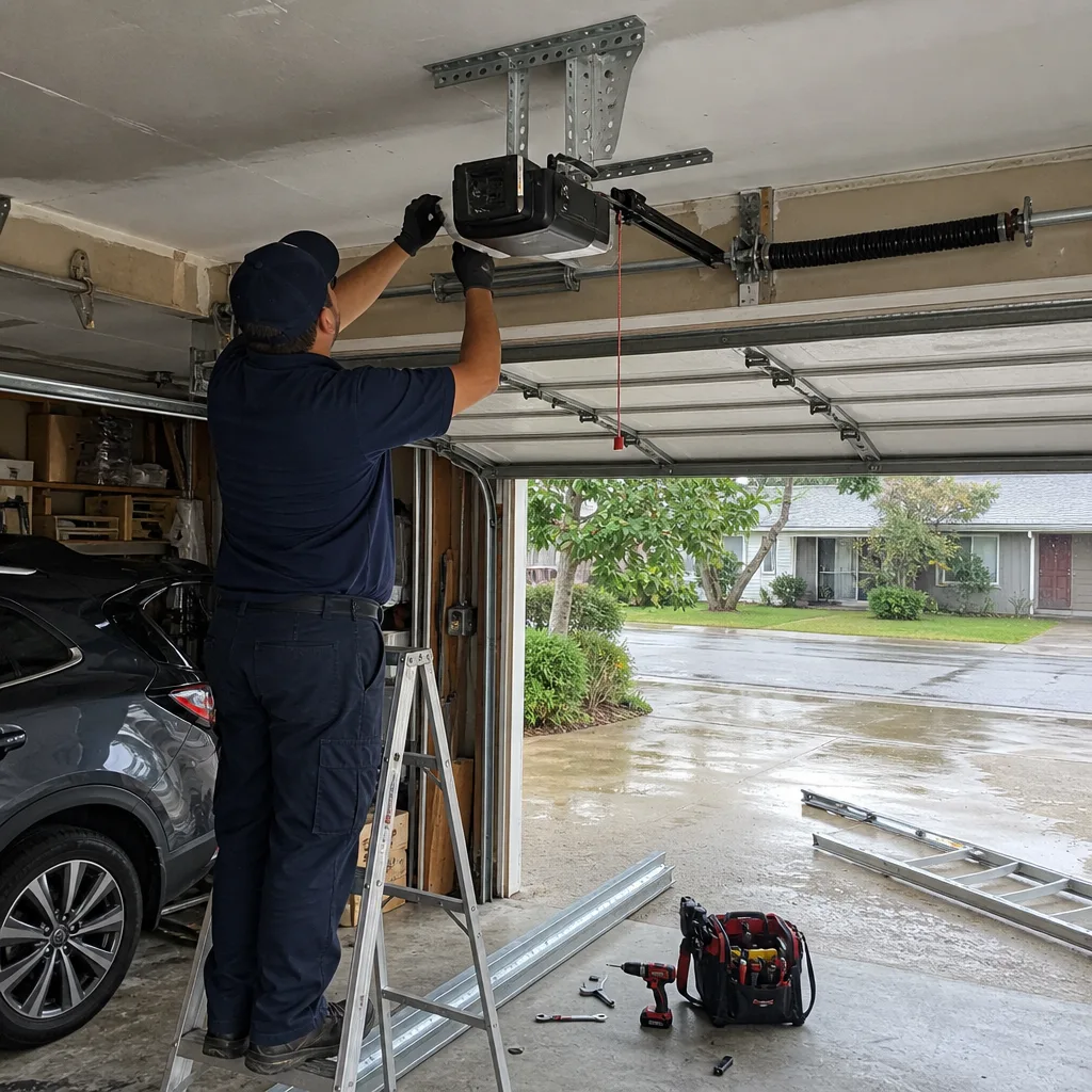 Technician performing professional garage door opener installation and repair