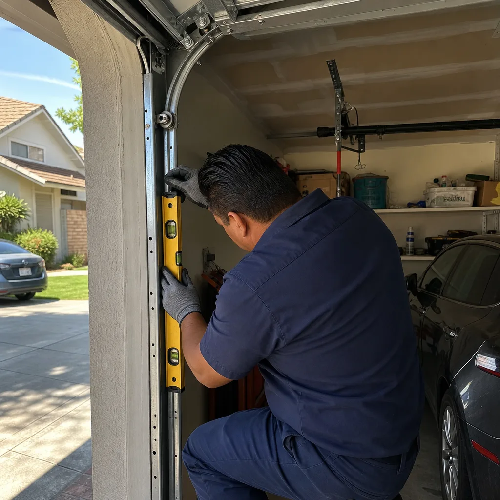 Technician using a level to repair a garage door track