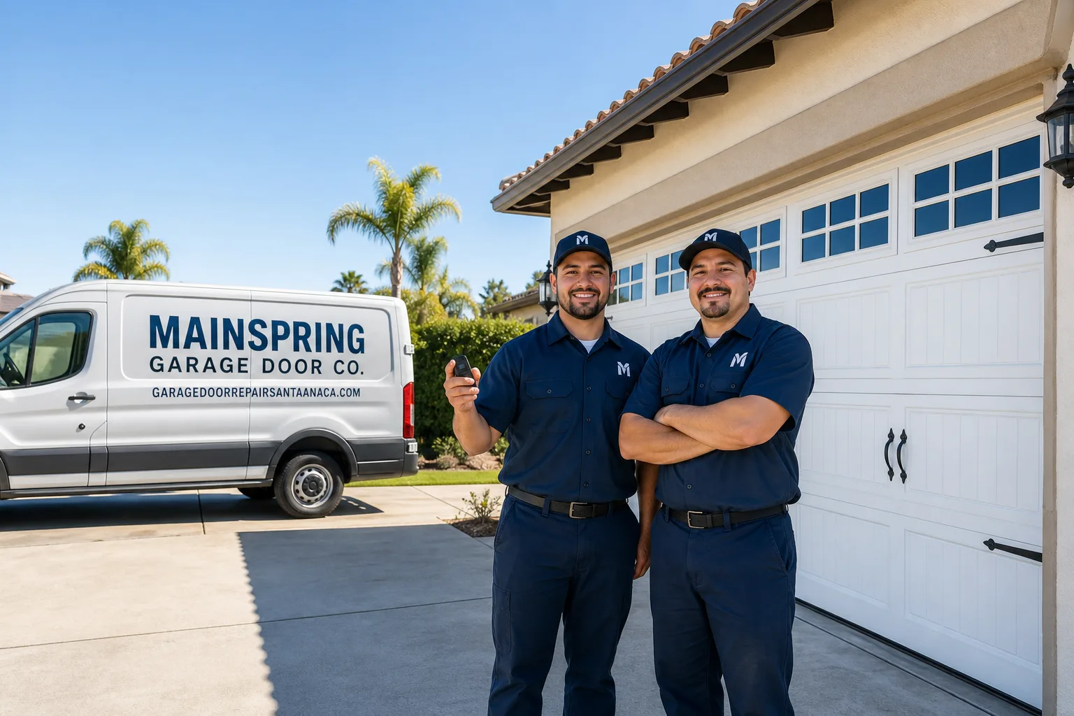 Mainspring Garage Door Co. garage door service vehicle and crew in Santa Ana, CA